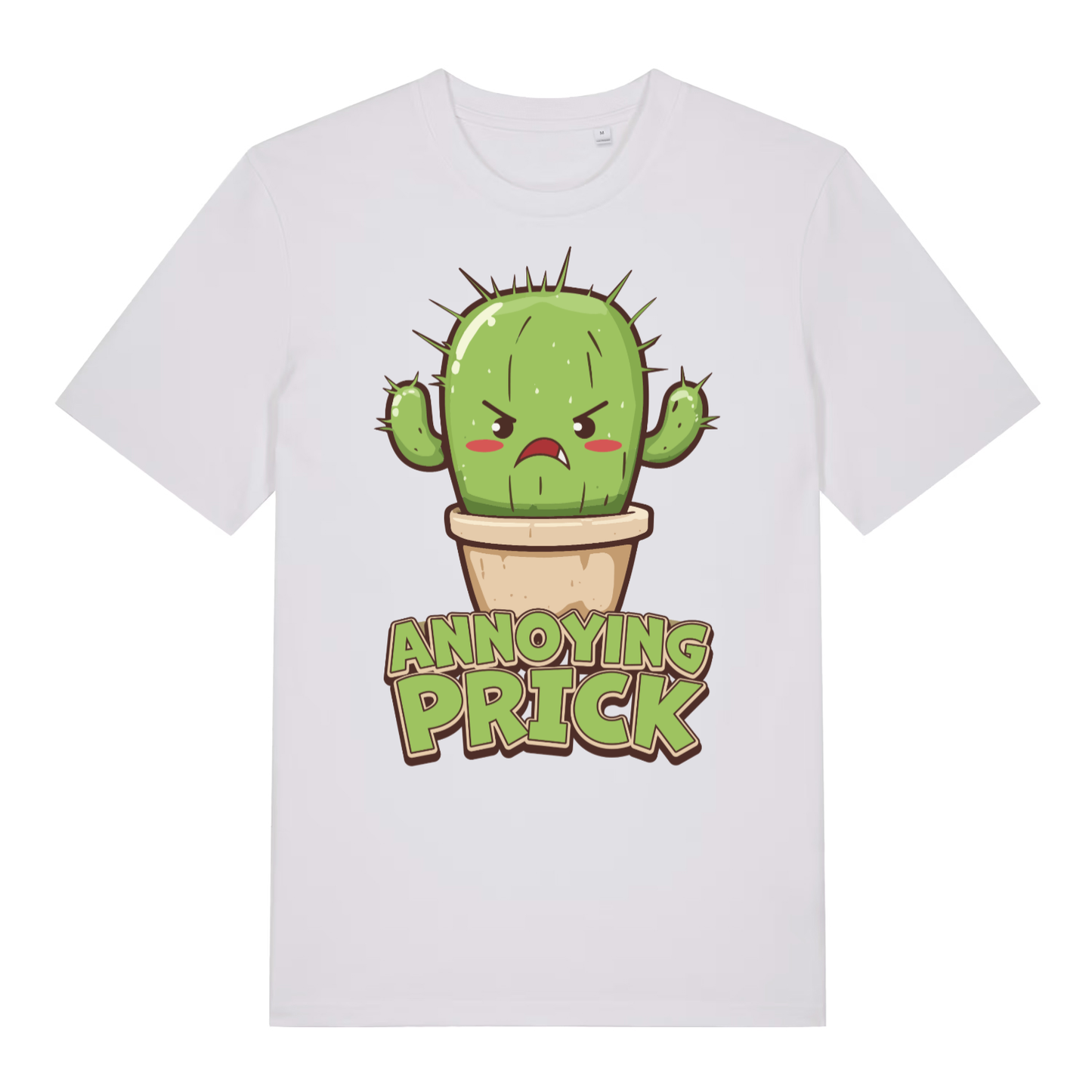 White women's "Annoying Prick" funny cactus t-shirt flat lay, cheeky cartoon plant pun organic cotton funny ladies tee UK