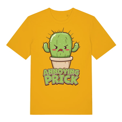Yellow women's "Annoying Prick" humorous cactus t-shirt flat lay, rude plant pun slogan organic cotton funny ladies tee UK