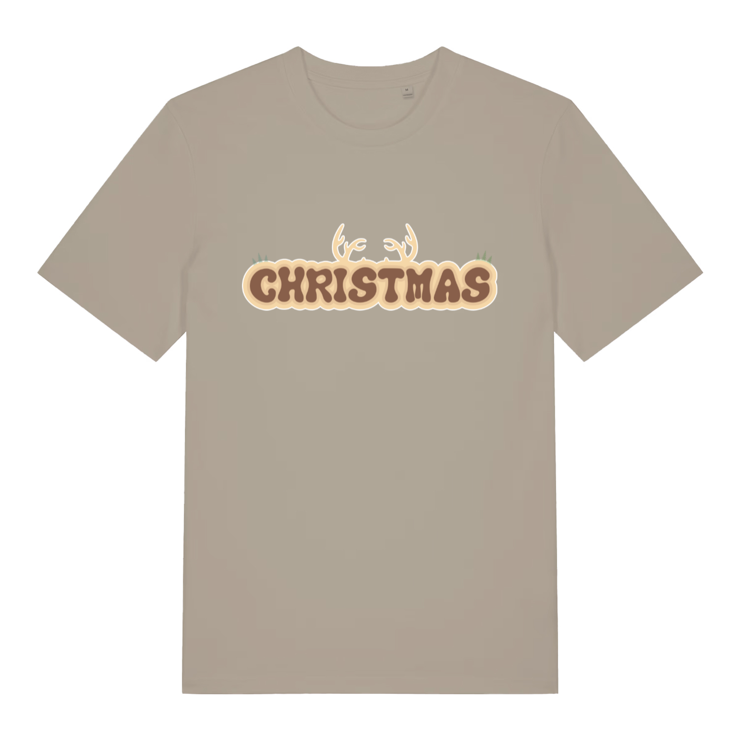Beige "Christmas Antlers" festive t-shirt flat lay, cute reindeer Christmas slogan organic cotton tee printed in UK