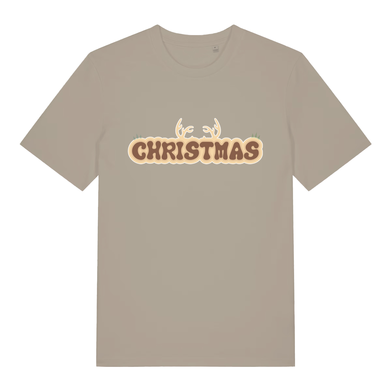 Beige "Christmas Antlers" festive t-shirt flat lay, cute reindeer Christmas slogan organic cotton tee printed in UK