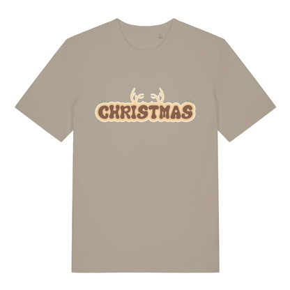 Beige "Christmas Antlers" festive t-shirt flat lay, cute reindeer Christmas slogan organic cotton tee printed in UK