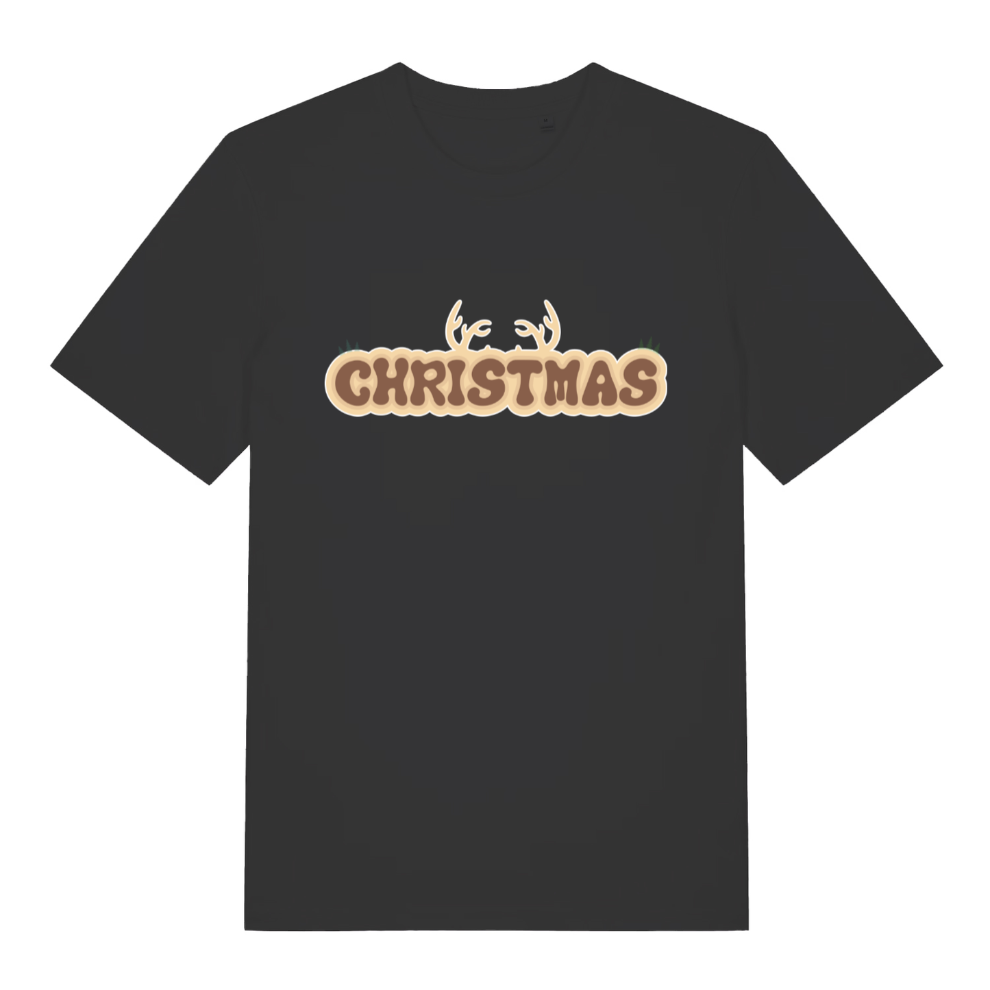 Black "Christmas Antlers" fun festive t-shirt flat lay, reindeer Christmas graphic organic cotton tee UK