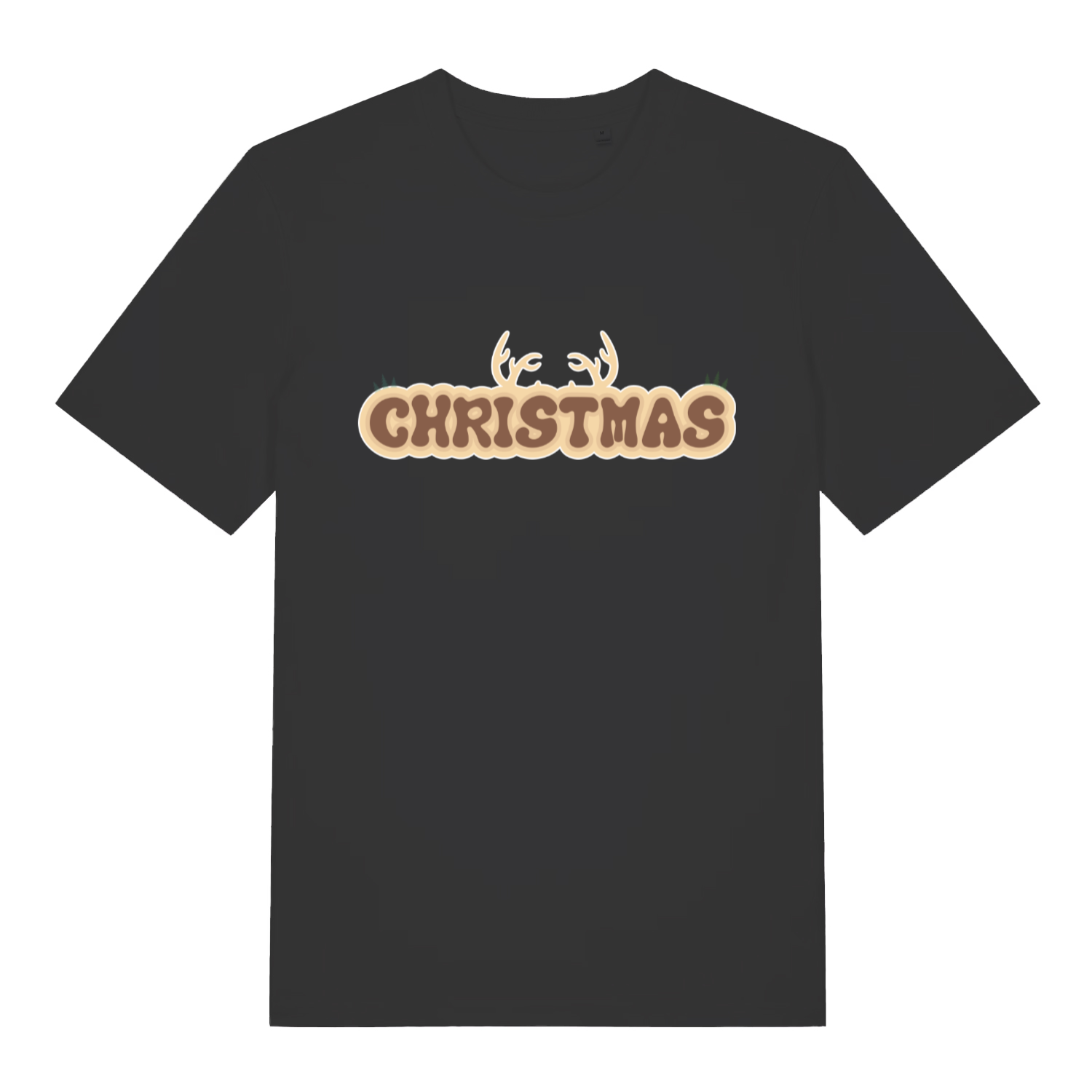 Black "Christmas Antlers" fun festive t-shirt flat lay, reindeer Christmas graphic organic cotton tee UK