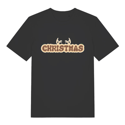 Black "Christmas Antlers" fun festive t-shirt flat lay, reindeer Christmas graphic organic cotton tee UK