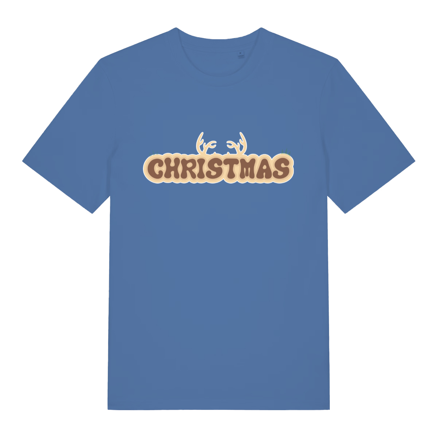 Blue "Christmas Antlers" cute Christmas t-shirt flat lay, playful reindeer slogan organic cotton festive tee printed in UK