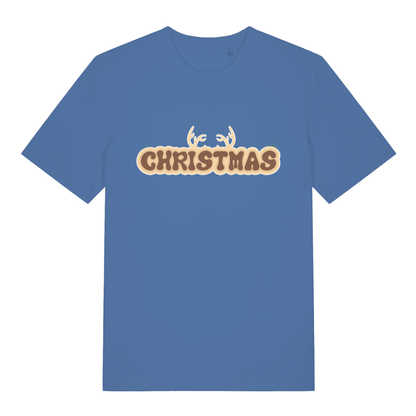 Blue "Christmas Antlers" cute Christmas t-shirt flat lay, playful reindeer slogan organic cotton festive tee printed in UK
