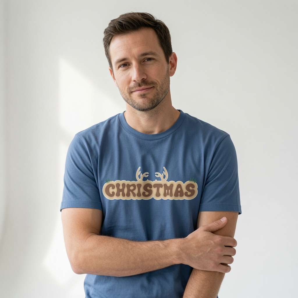 Man in blue Christmas antlers tee with arms crossed, fun xmas day slogan gift