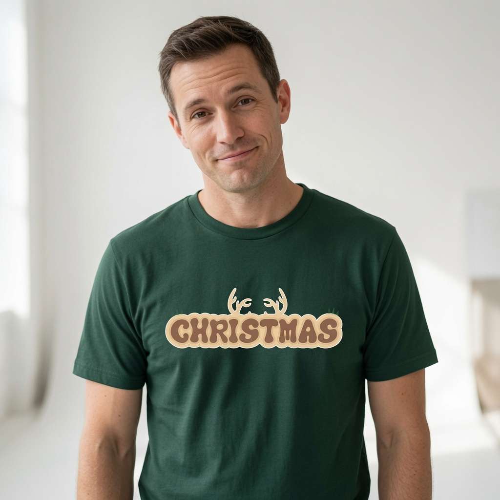 Man in green Christmas antlers t-shirt, mens christmas fun party shirt