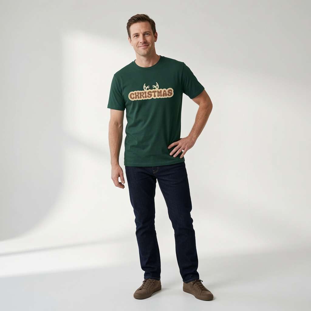 Man in green Christmas antlers t-shirt standing casually, mens christmas fun party shirt
