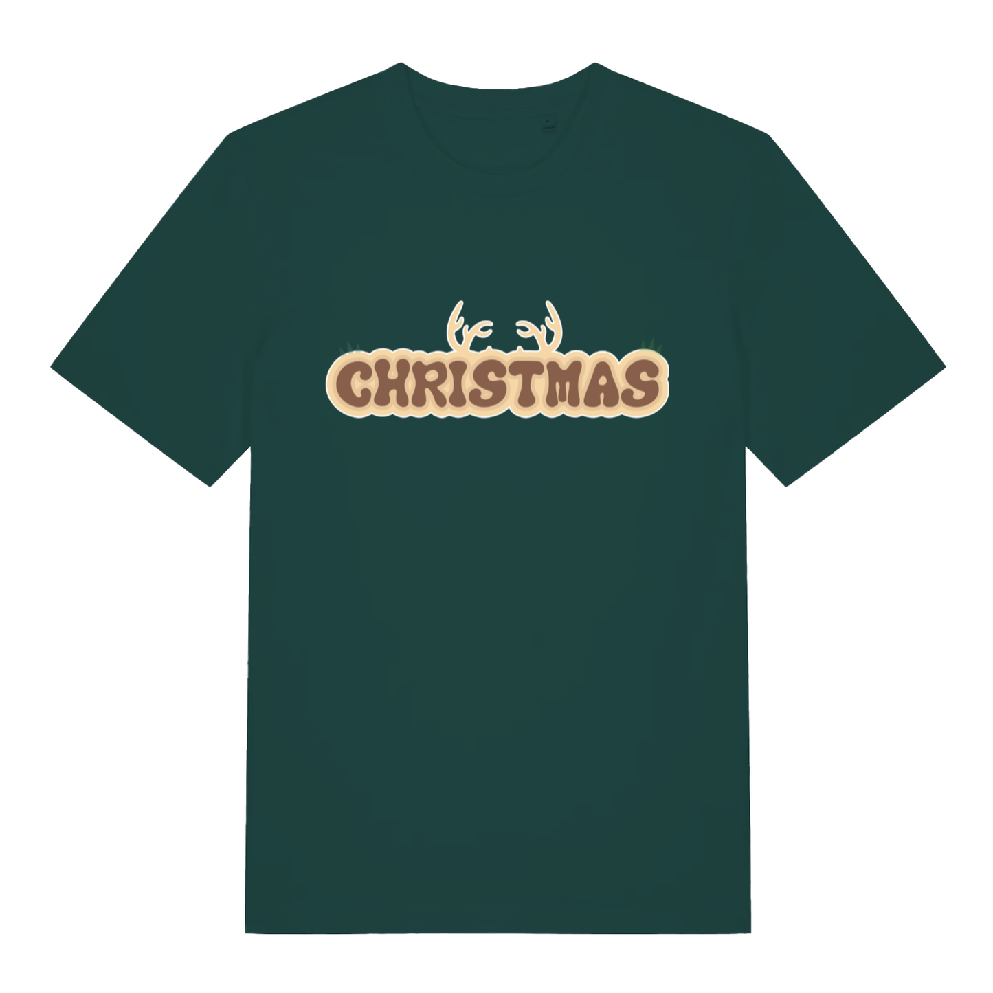 Green "Christmas Antlers" festive t-shirt flat lay, fun Christmas reindeer design organic cotton tee UK