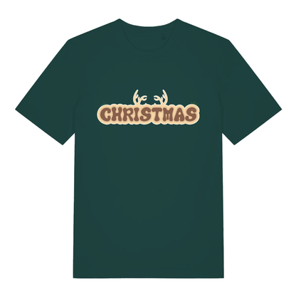 Green "Christmas Antlers" festive t-shirt flat lay, fun Christmas reindeer design organic cotton tee UK