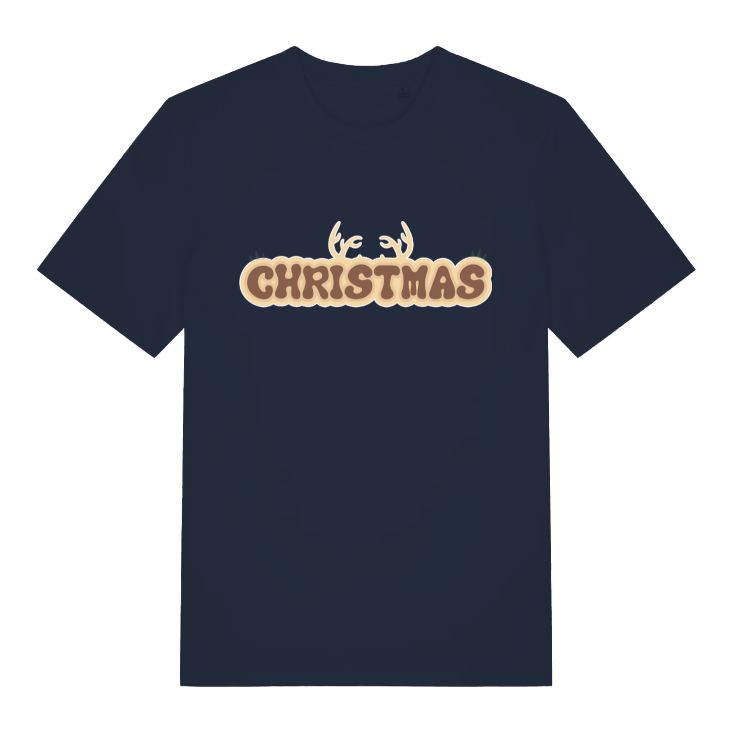 Navy "Christmas Antlers" Christmas t-shirt flat lay, cute reindeer antlers slogan organic cotton sustainable tee printed in UK