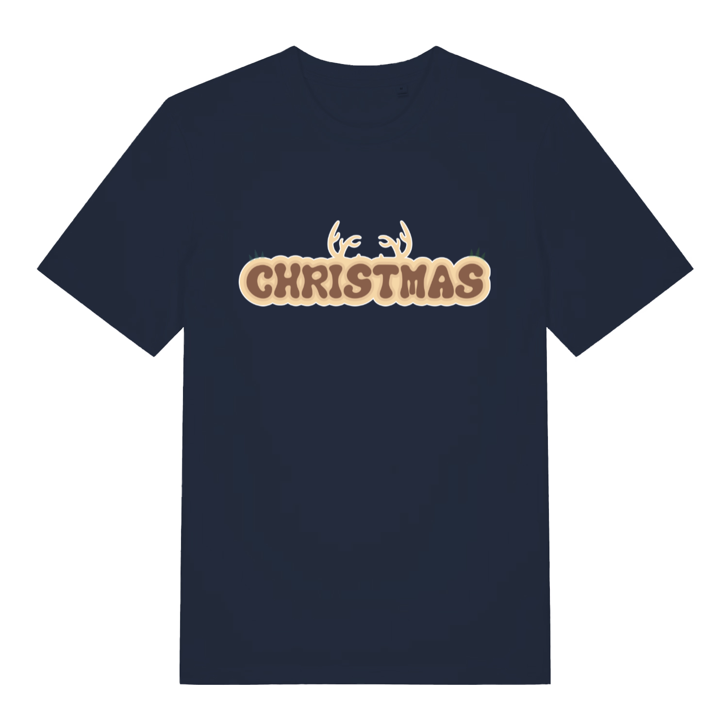 Navy "Christmas Antlers" Christmas t-shirt flat lay, cute reindeer antlers slogan organic cotton sustainable tee printed in UK