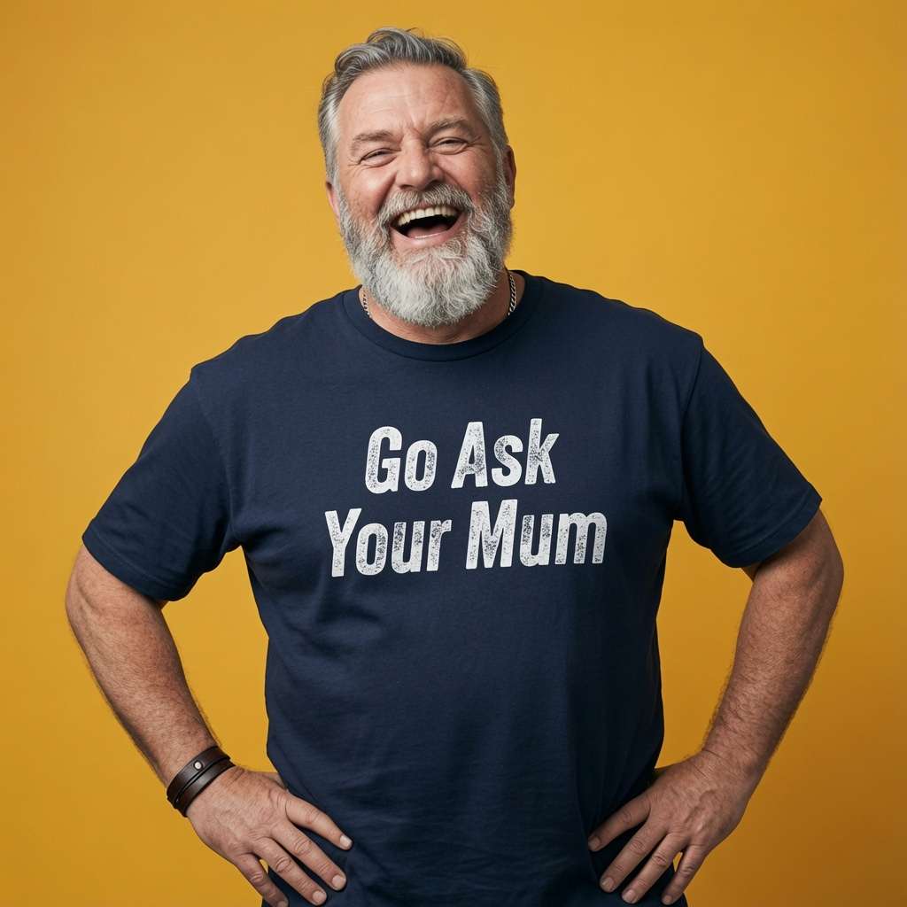 Man laughing with both hands on his hips while wearing a navy Go Ask Your Mum t-shirt, mens the ultimate dad gift design full of pure attitude that every cheeky lad will claim