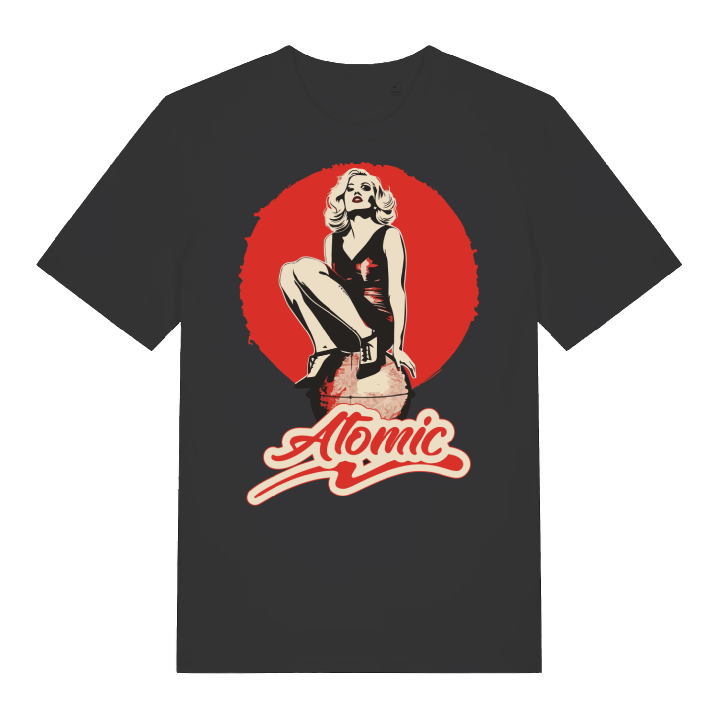 Black "Atomic" retro pin-up t-shirt flat lay, blonde bombshell graphic organic cotton men's tee printed in UK