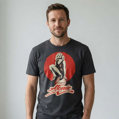 Man in dark grey Atomic blonde pin-up t-shirt, cool mens music graphic shirt
