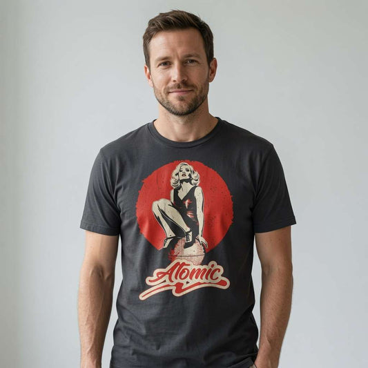 Man in dark grey Atomic blonde pin-up t-shirt, cool mens music graphic shirt