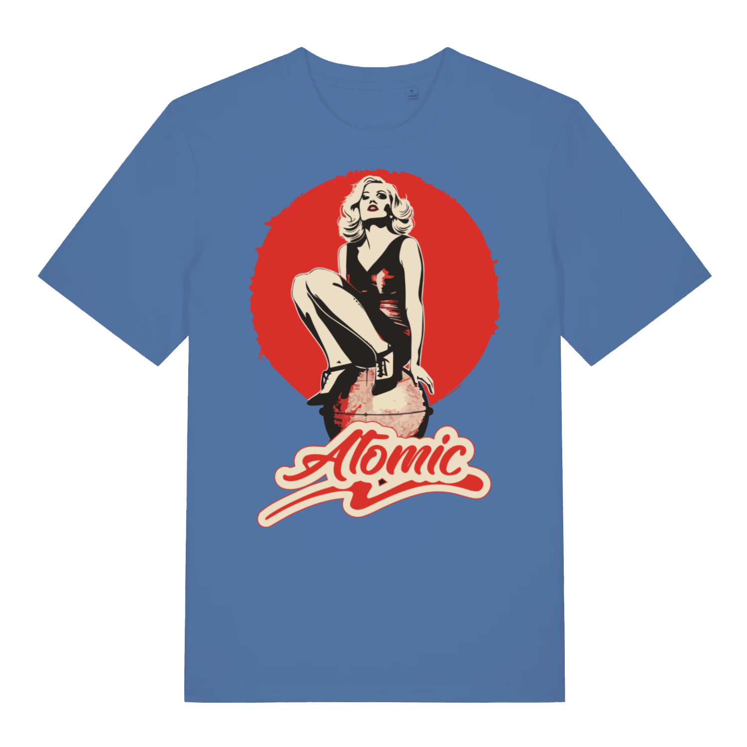 Blue "Atomic" vintage pin-up t-shirt flat lay, retro blonde woman graphic organic cotton music-inspired tee UK