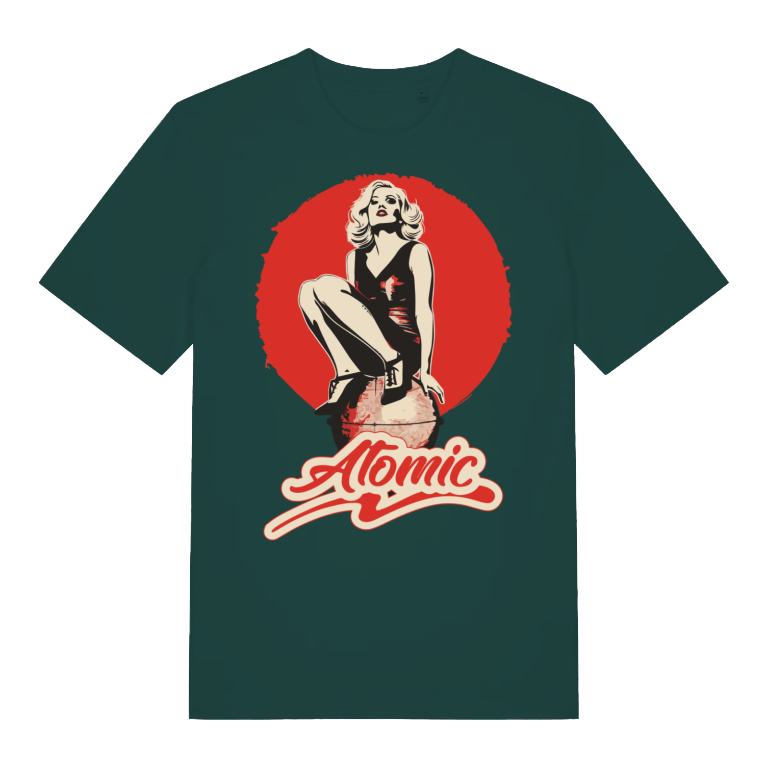 Green "Atomic" cool retro t-shirt flat lay, pin-up bombshell atomic graphic organic cotton funny tee printed in UK