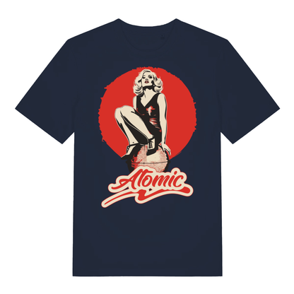 Navy "Atomic" music-inspired t-shirt flat lay, retro blonde pin-up graphic organic cotton sustainable tee UK