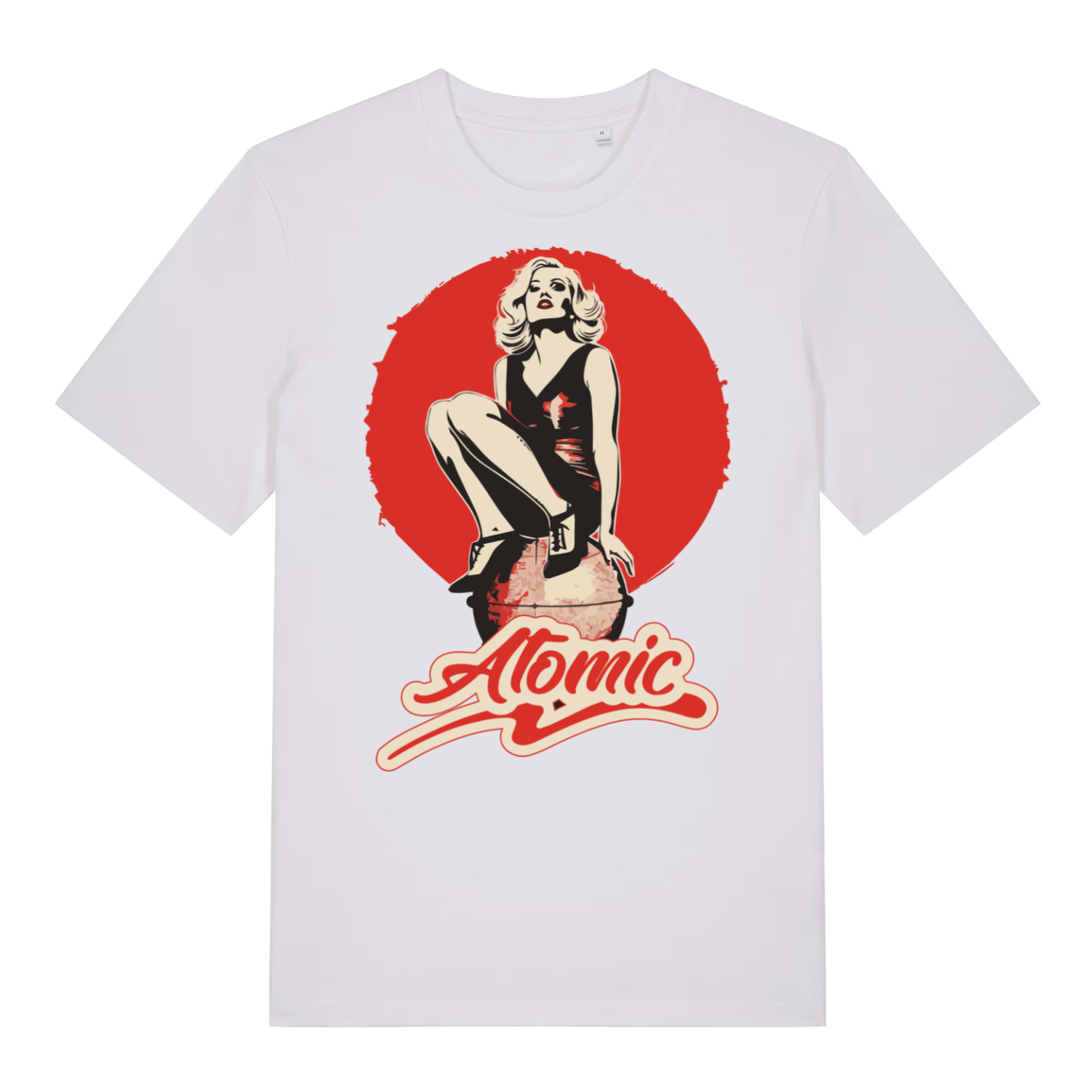 White "Atomic" vintage pin-up t-shirt flat lay, blonde bombshell retro graphic organic cotton men's tee printed in UK