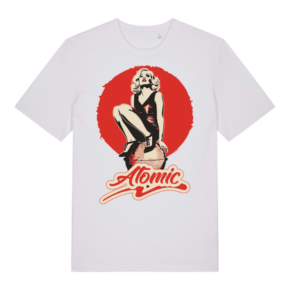White "Atomic" vintage pin-up t-shirt flat lay, blonde bombshell retro graphic organic cotton men's tee printed in UK