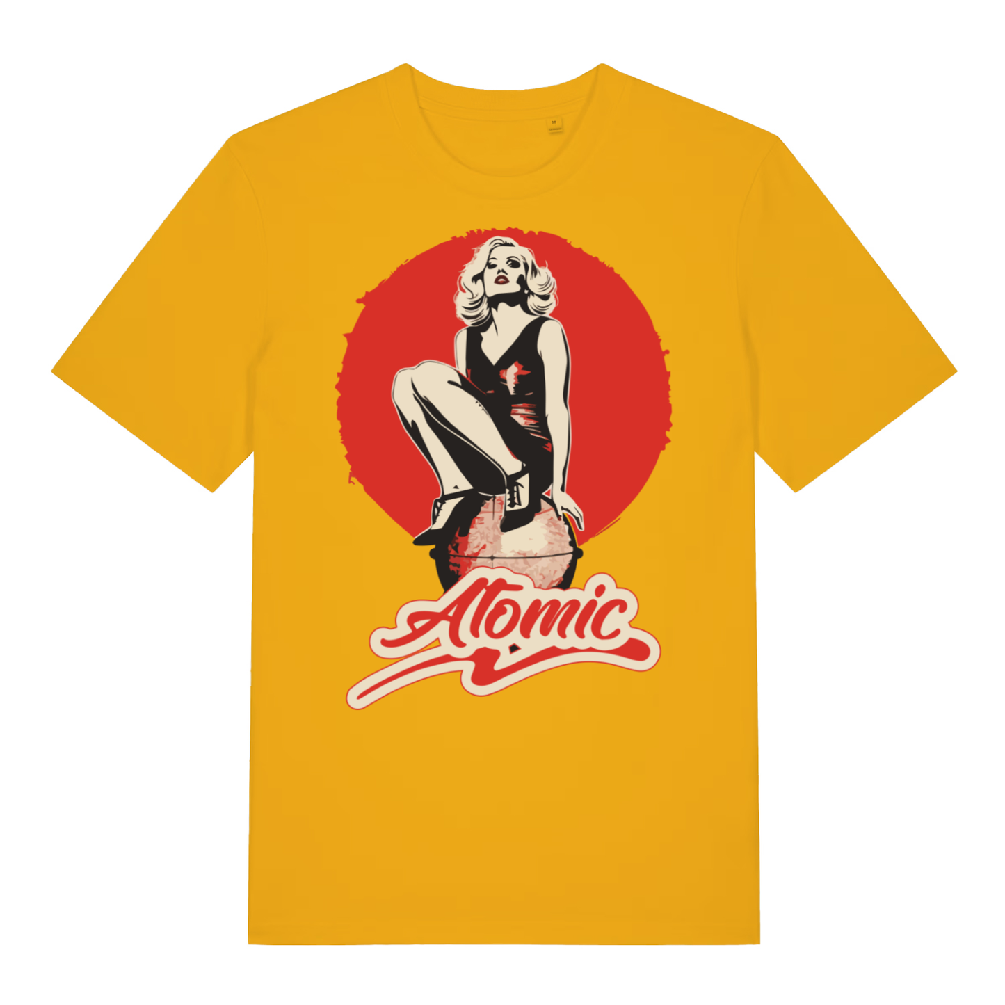Yellow "Atomic" retro graphic t-shirt flat lay, cool pin-up atomic design organic cotton tee UK