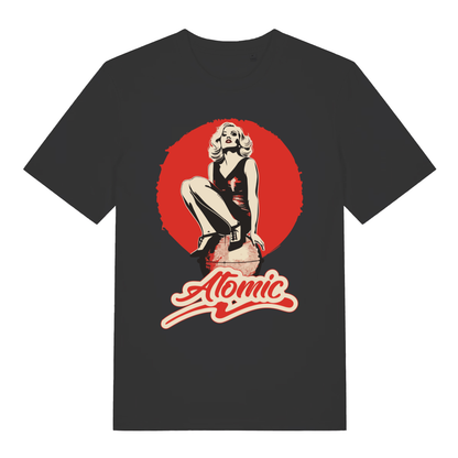 Black women's "Atomic" retro pin-up t-shirt flat lay, blonde bombshell graphic organic cotton ladies tee printed in UK