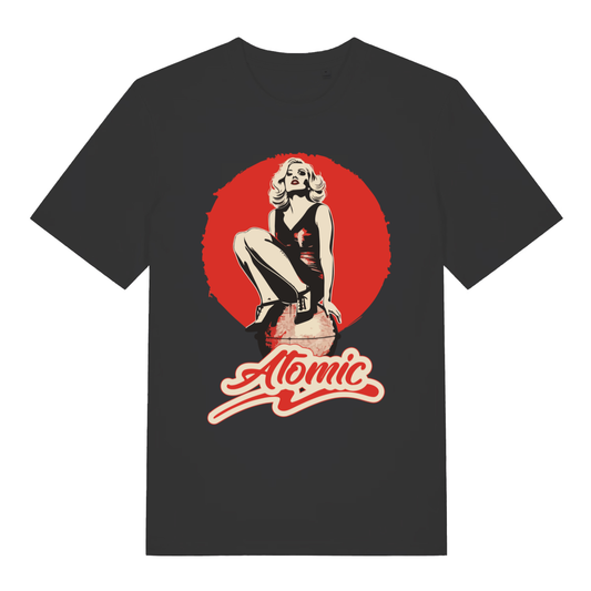 Black women's "Atomic" retro pin-up t-shirt flat lay, blonde bombshell graphic organic cotton ladies tee printed in UK