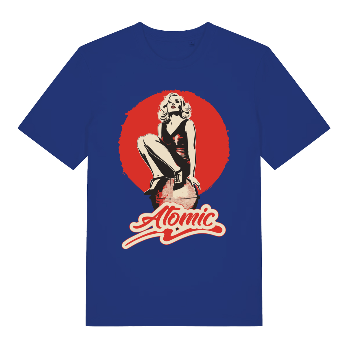 Blue women's "Atomic" vintage pin-up t-shirt flat lay, retro blonde woman graphic organic cotton music-inspired ladies tee UK