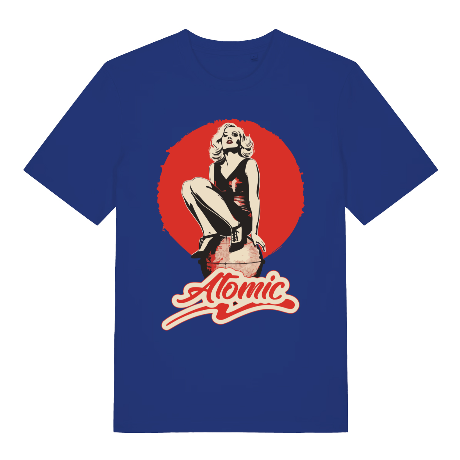 Blue women's "Atomic" vintage pin-up t-shirt flat lay, retro blonde woman graphic organic cotton music-inspired ladies tee UK