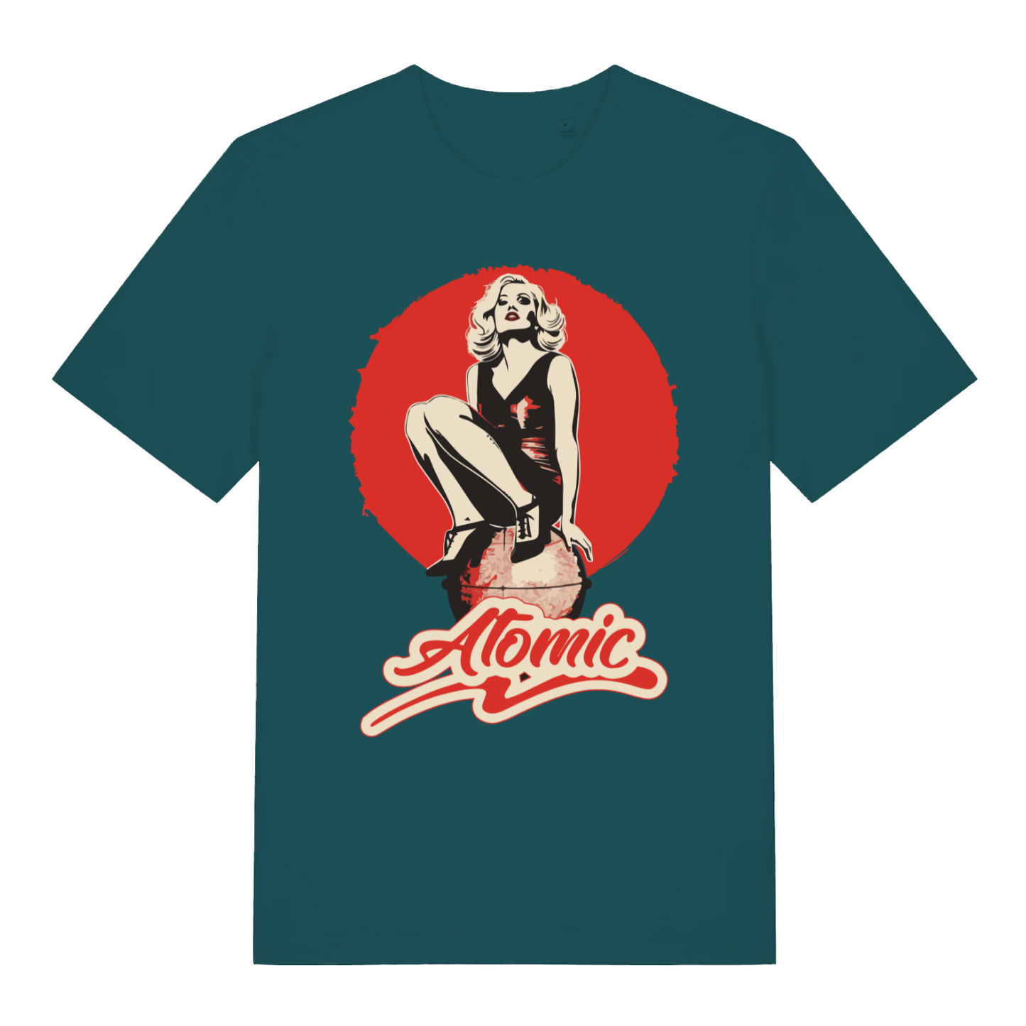 Green women's "Atomic" cool retro t-shirt flat lay, pin-up bombshell atomic graphic organic cotton ladies tee printed in UK