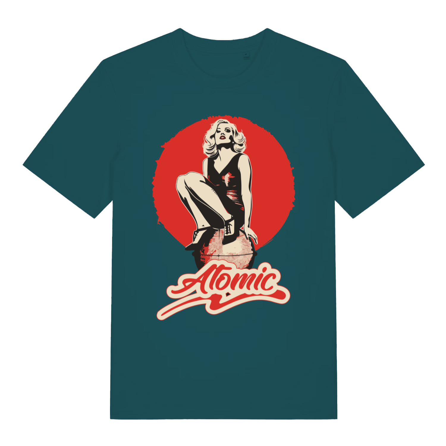 Green women's "Atomic" cool retro t-shirt flat lay, pin-up bombshell atomic graphic organic cotton ladies tee printed in UK
