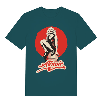 Green women's "Atomic" cool retro t-shirt flat lay, pin-up bombshell atomic graphic organic cotton ladies tee printed in UK