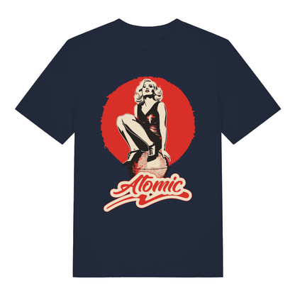 Navy women's "Atomic" music-inspired t-shirt flat lay, retro blonde pin-up graphic organic cotton sustainable ladies tee UK