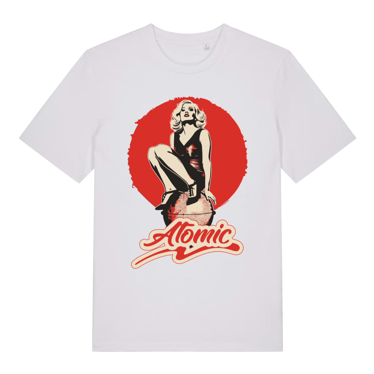 White women's "Atomic" vintage pin-up t-shirt flat lay, blonde bombshell retro graphic organic cotton funny ladies tee UK