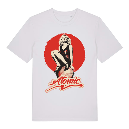 White women's "Atomic" vintage pin-up t-shirt flat lay, blonde bombshell retro graphic organic cotton funny ladies tee UK