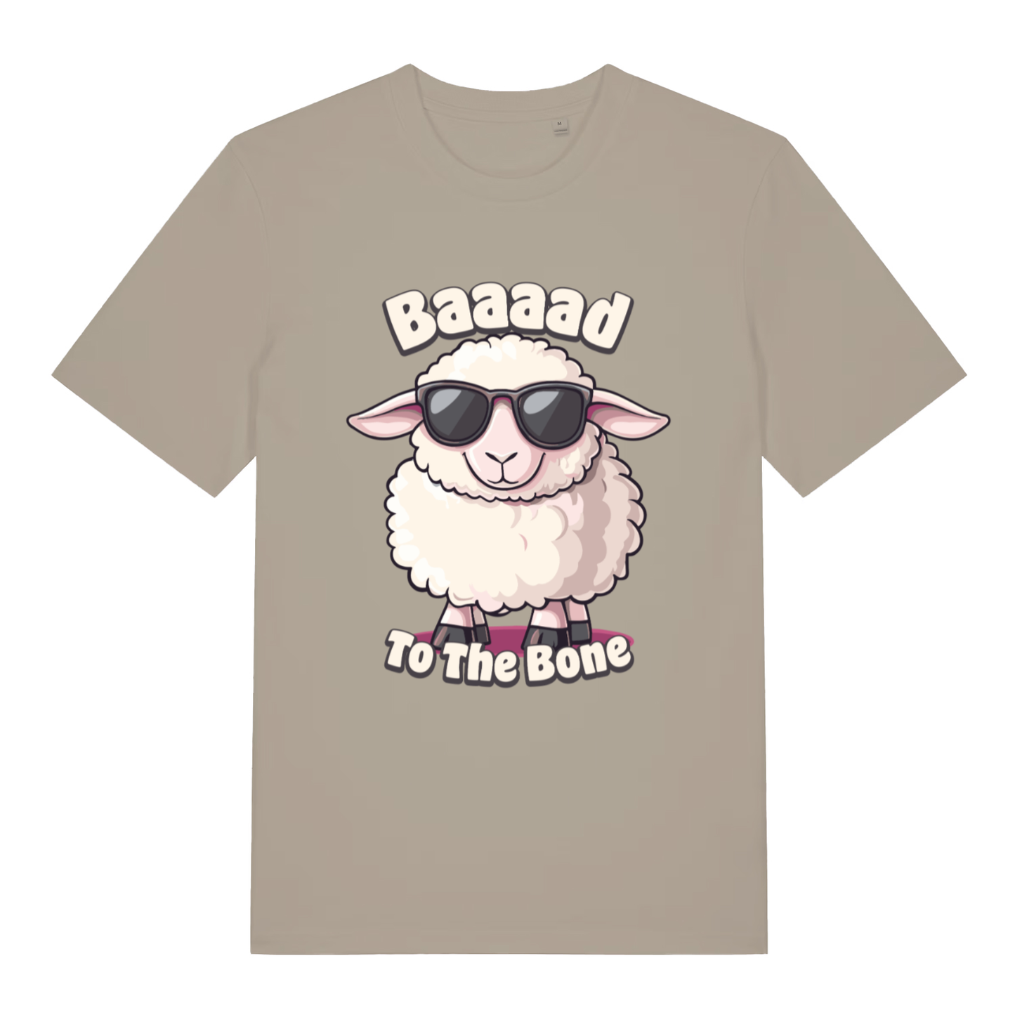 Beige "Baaaad To The Bone" funny sheep t-shirt flat lay, cool sunglasses sheep graphic organic cotton tee printed in UK