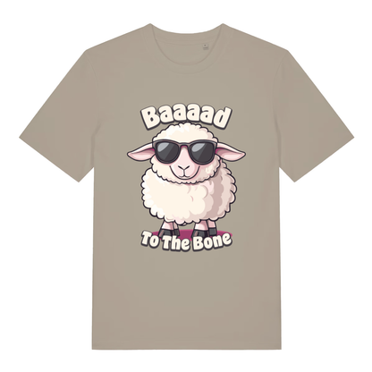 Beige "Baaaad To The Bone" funny sheep t-shirt flat lay, cool sunglasses sheep graphic organic cotton tee printed in UK