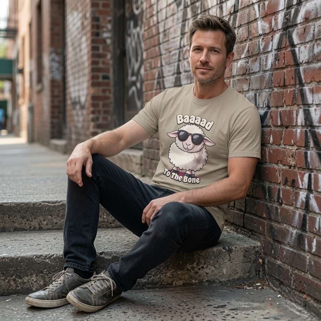 Man in beige Baaaad To The Bone sheep tee sat on steps, funny mens sheep graphic shirt
