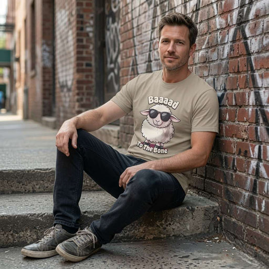 Man in beige Baaaad To The Bone sheep tee sat on steps, funny mens sheep graphic shirt