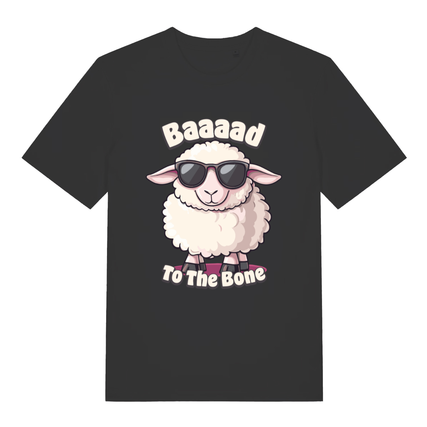 Black "Baaaad To The Bone" witty sheep t-shirt flat lay, kawaii animal pun graphic organic cotton funny tee UK