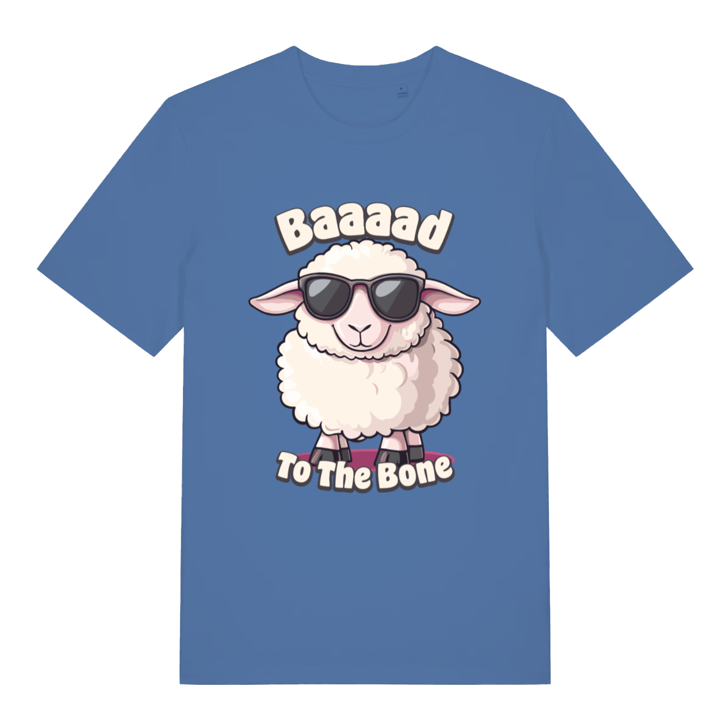 Blue "Baaaad To The Bone" funny sheep t-shirt flat lay, cool sunglasses cartoon sheep organic cotton music-inspired tee UK