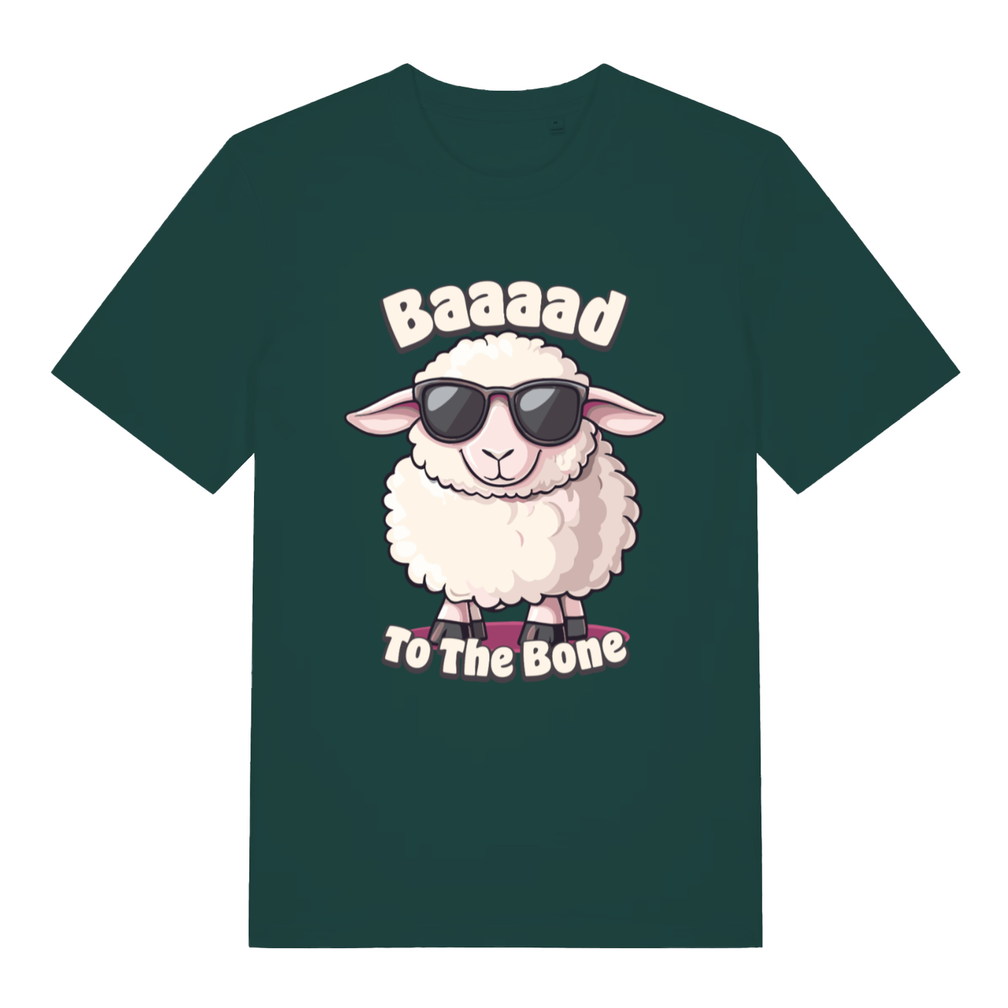 Green "Baaaad To The Bone" cheeky sheep t-shirt flat lay, humorous animal graphic slogan organic cotton sustainable tee printed in UK