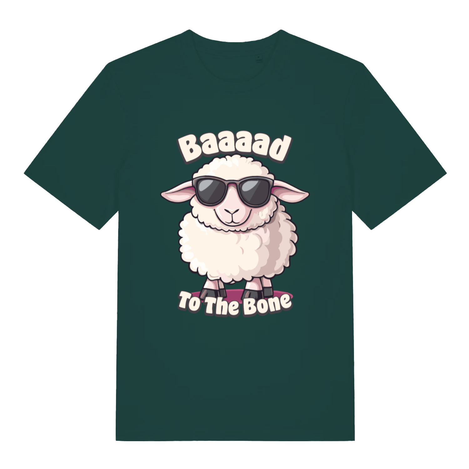 Green "Baaaad To The Bone" cheeky sheep t-shirt flat lay, humorous animal graphic slogan organic cotton sustainable tee printed in UK