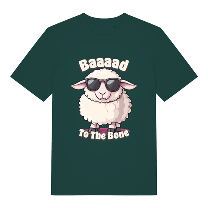 Green "Baaaad To The Bone" cheeky sheep t-shirt flat lay, humorous animal graphic slogan organic cotton sustainable tee printed in UK
