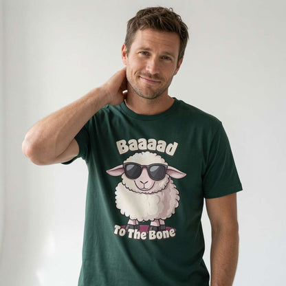 Man in green Baaaad To The Bone sheep t-shirt, funny music inspired sheep graphic shirt
