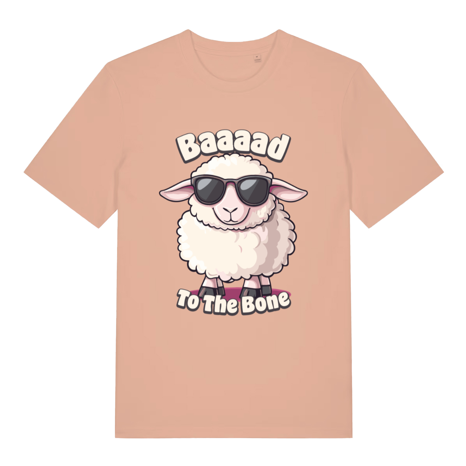 Pink "Baaaad To The Bone" funny sheep t-shirt flat lay, witty kawaii sheep pun organic cotton tee UK