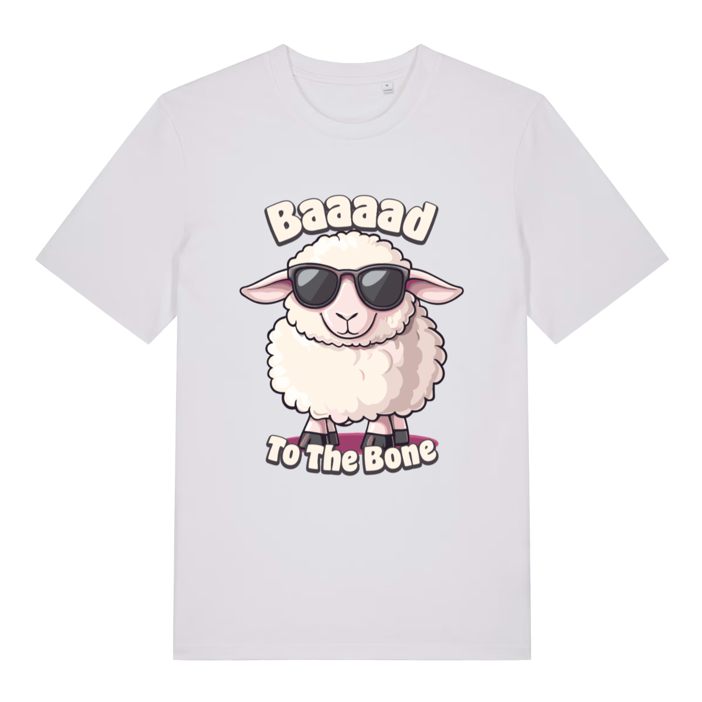 White "Baaaad To The Bone" cool sheep t-shirt flat lay, sunglasses sheep graphic organic cotton funny tee printed in UK