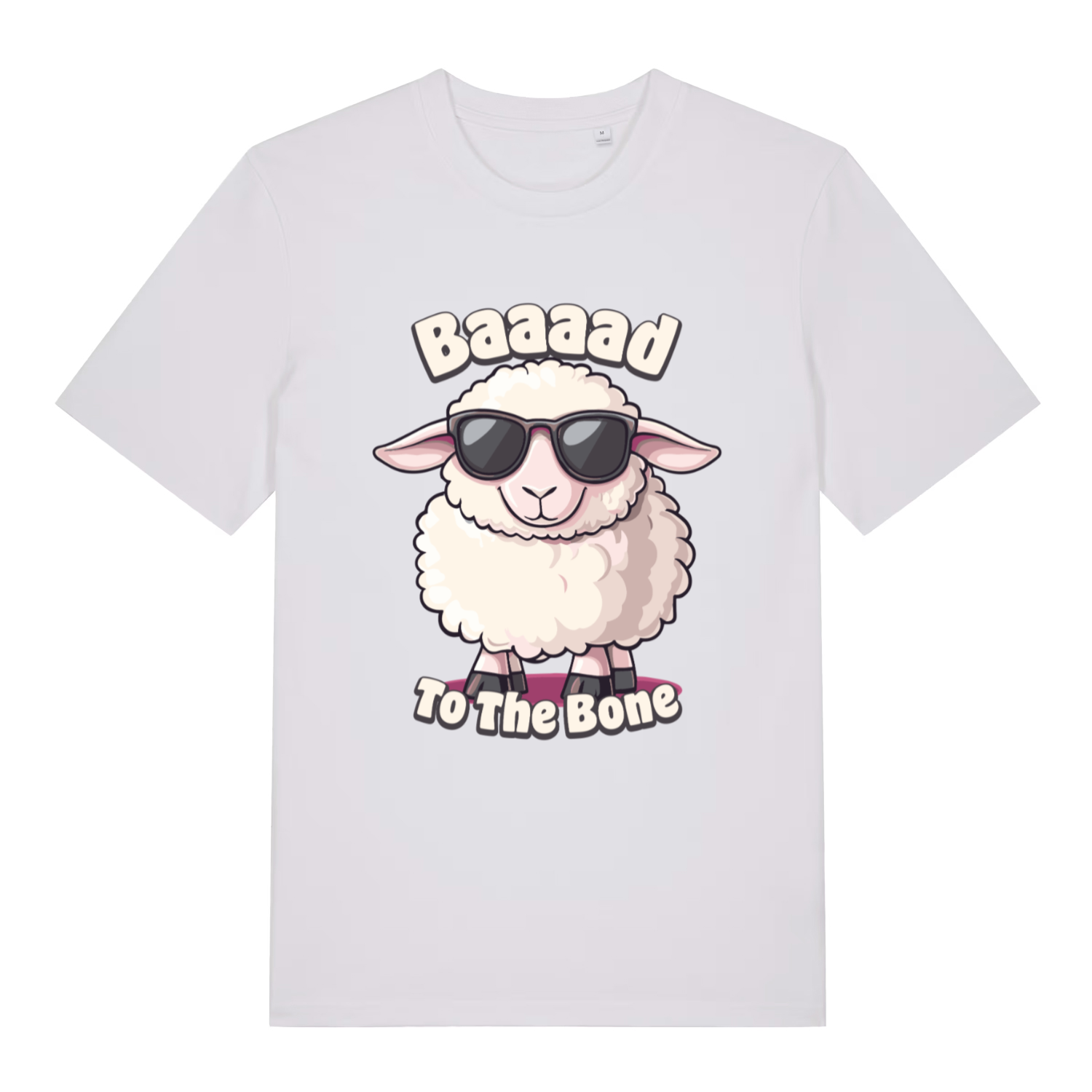 White "Baaaad To The Bone" cool sheep t-shirt flat lay, sunglasses sheep graphic organic cotton funny tee printed in UK